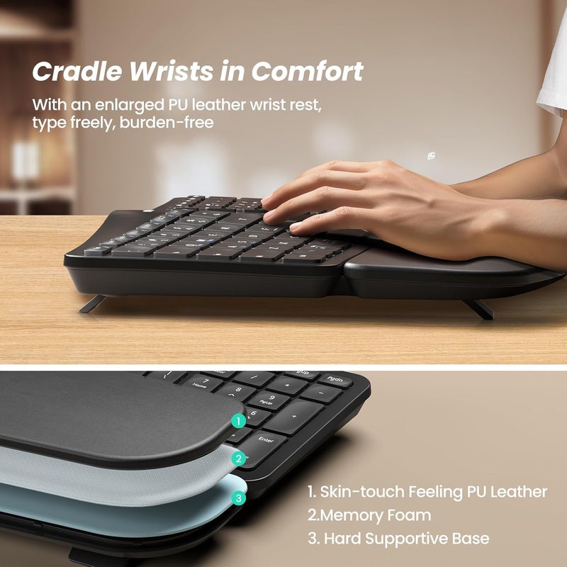 Nulea Wireless Ergonomic Keyboard, Split Keyboard with Cushioned Wrist Rest, Bluetooth and USB Connectivity, USB-C Rechargeable, Compatible with Windows Mac(Black) - Image 5